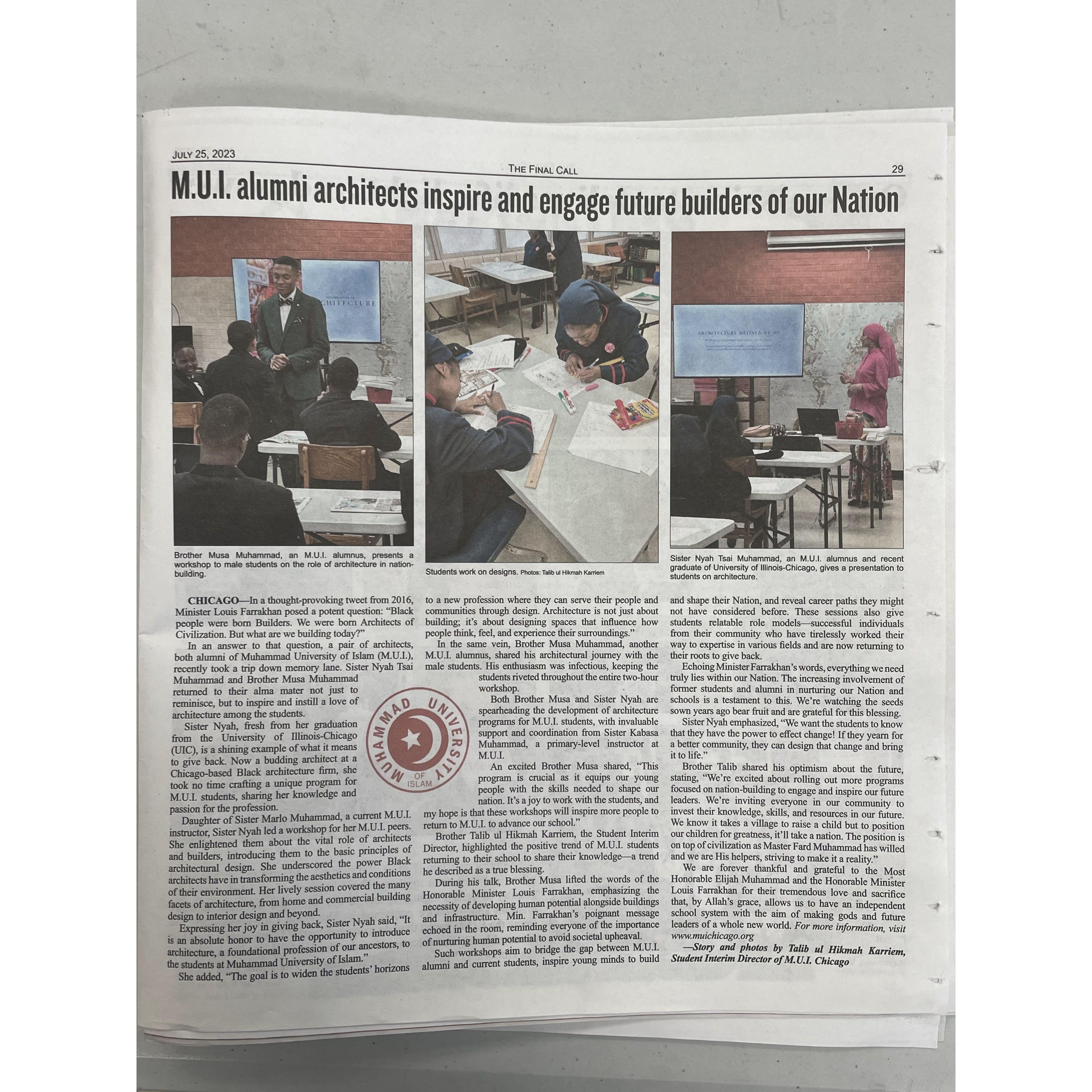 MUI School of Architecture featured in Final Call Newspaper