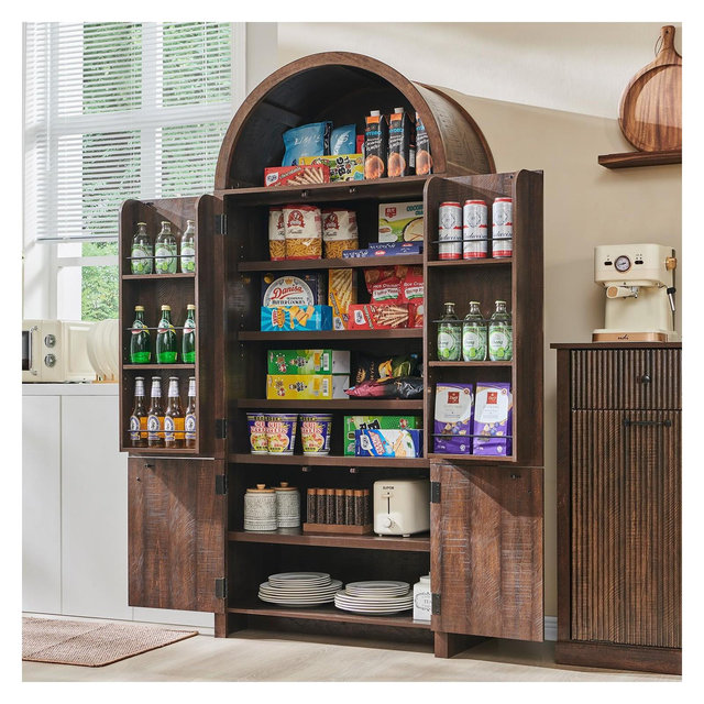 71" Tall Arched Kitchen Pantry, Modern Storage Cabinet with 3 Adjustable Shelves, 6 Door Shelves, for Kitchen, Living Room, Brown