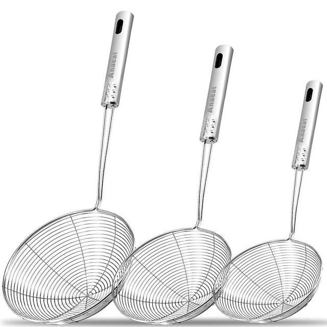 Anaeat Stainless Steel Spider Strainer Skimmer, Set of 3 Professional Kitchen Pasta Strainer Spoon with Long Handle - Asian Strainer Ladle Wire Skimmer Spoons for Cooking and Frying (4.5"+5.3"+6.1")