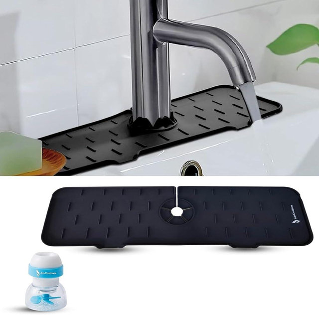 Silicone Sink Splash Guard – 17" x 7" Adjustable Faucet Mat with Anti-Slip Drip Catcher & Waterproof Sink Protector for Kitchen & Bathroom, Keeps Your Countertop Spotless & Dry (Black)