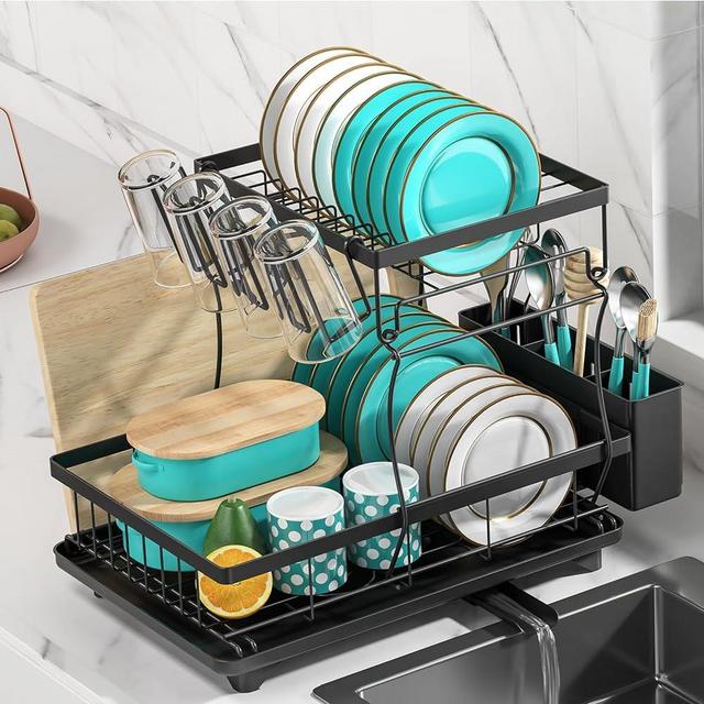 MERRYBOX Dish Drying Rack Large Capacity 2 Tier Dish Drying Rack Multifunctional Rustproof Dish Drainers for Kitchen Counter with Drainboard Leak-Proof Spout,Large Utensil Holder, Cup Holder, Black