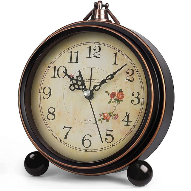 Königswerk Vintage Analog Alarm Clock, 5.25 inch Small Silent Desk Clock with Night Light, Battery Operated for Table, Bedroom, Bedside, Living Room, Gift Clock (Flower)