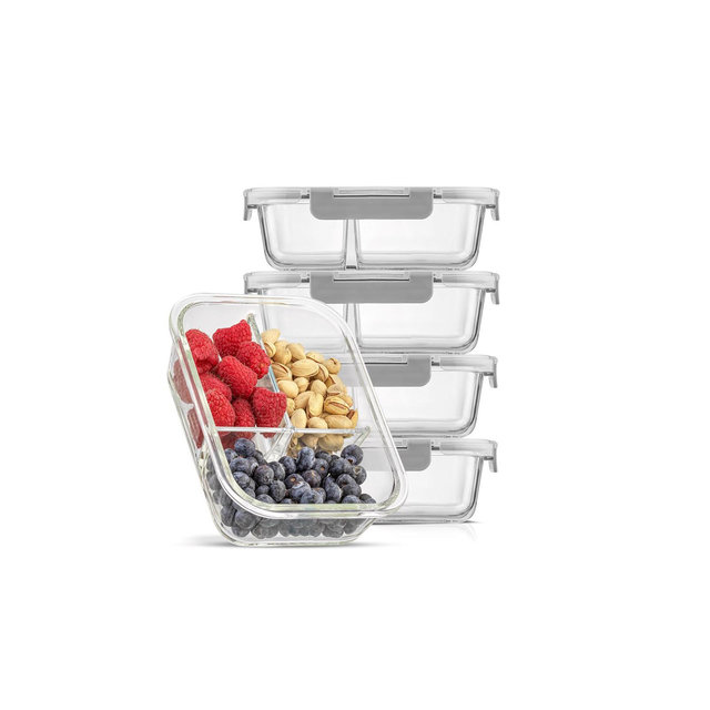 JoyJolt 3-Sectional Divided Food Prep Food Storage Containers with Lids - Set of 5 - Grey