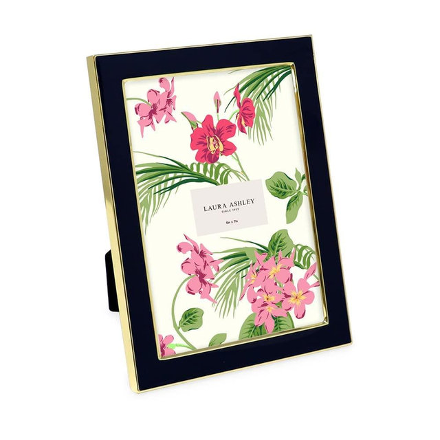 Laura Ashley 5x7 Black Enamel Picture Frame, Gold Metal Edge with Easel, for Countertop, Counterspace, Tabletop Display, Bookshelf, Desk, Wall Décor, Photo Gallery (5x7, Black W/ Gold)