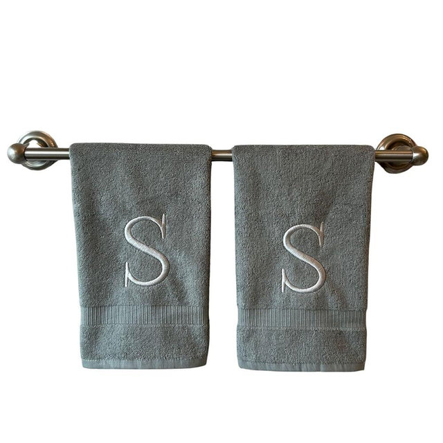 Gray Initial Hand Towel for Bathroom - Monogrammed Luxury Hotel Quality Decorative Embroidered Towel for Powder Room, Spa - GOTS Organic Certified - Set of 2 Silver Letter S