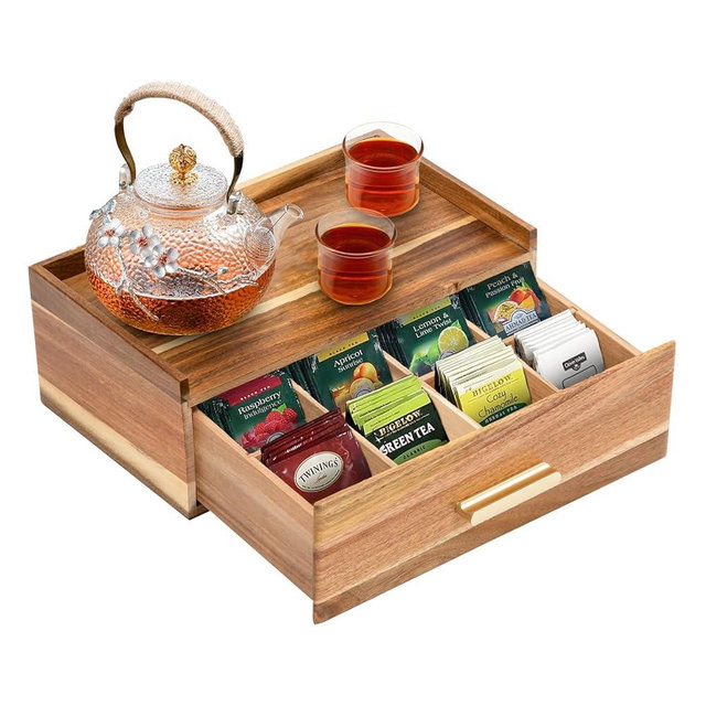 Tea Bag Organizer, Wood Tea Organizers and Storage Box, Tea Bag Holder Station Caddy Container for Countertop, Tea Accessories Gift Box with Drawer