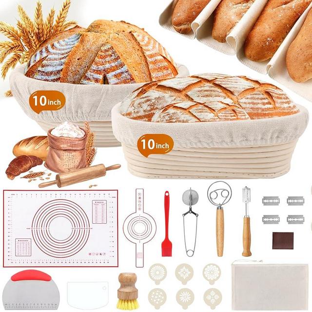 PeacePeo Sourdough Bread Baking Supplies, Sourdough Starter Kit for Bread Making Includes 10" Round & Oval Banneton Bread Proofing Basket with Liners Sourdough Kit for Making Baking Fermentation