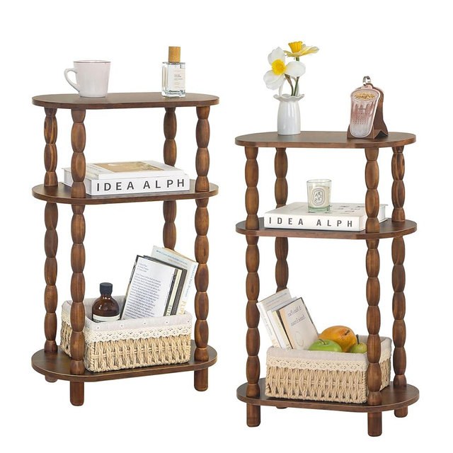 MaxSmeo Narrow Side Table Set of 2, 3-Tier Narrow End Table Living Room Set of 2 with Storage, Skinny Side Table Nightstand for Small Space, Bedrooms, Living Room (Rustic Brown)