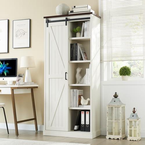 Aitjunz 72” Tall Farmhouse Bookshelf, 32” Wide Large Wooden Bookcase with Sliding Barn Door, 5-Tier Storage Cabinet with Adjustable Shelves, Modern Versatile Cabinet for Living Room, Bedroom, White