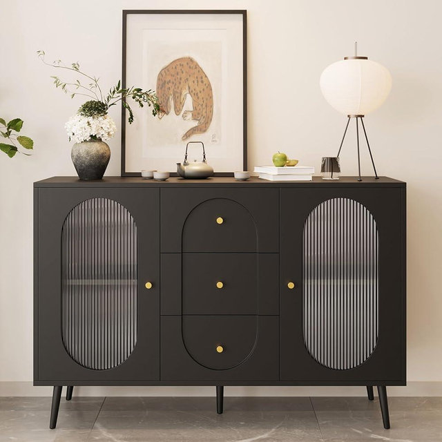 Modern Buffet Sideboard Cabinet with Storage and 3 Drawers, Fluted Glass 2-Door, Elegant Credenza Storage Table for Dining Room or Living Area 47.2 inch Black