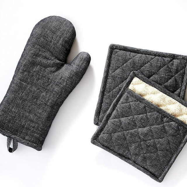 Oven Mitt & 2 Pot Holders Set, Linen-Cotton, Complete Protection with Long Oven Mitt, Heavy Duty Thick Gloves, Heat Resistant, Glove Pot Holders for Kitchen, Cooking Grill (Charcoal Grey, Set of 3)
