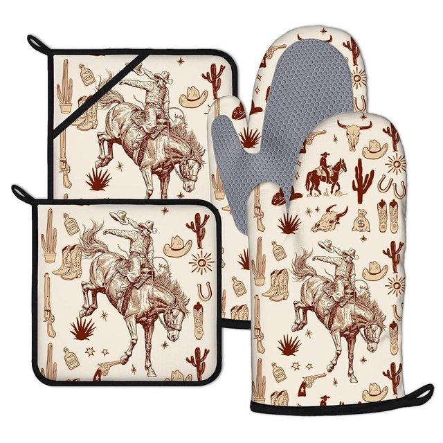 Western Cowboy Oven Mitts and Pot Holders Sets 4Pcs Silicone Non-Slip Mitts Heat Resistant Gloves Hot Pads for Kitchen Cooking Baking Grilling BBQ