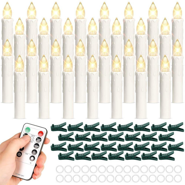Brightever 30 PCS Flameless Christmas Tree Candles, Battery Operated Clip-on Taper Candle for Christmas Tree with Remote - 4 Modes & Timer, Dimmable Flicker Candles for Holiday Party Wedding Decor