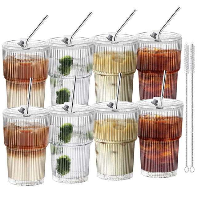 HIGIINC Iced Coffee Cups With Lids and Straws 8 Pcs, 16 OZ Unbreakable Glasses Drinking Set,Clear Plastic Cups Reusable Iced Coffee Tumbler with Lid and Straw, To Go Coffee Cups Dishwasher Safe