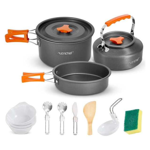 NutriChef 12-Piece Camping Cookware Set - Non-Stick, Lightweight Pots, Pans, and Utensils for Outdoor Cooking