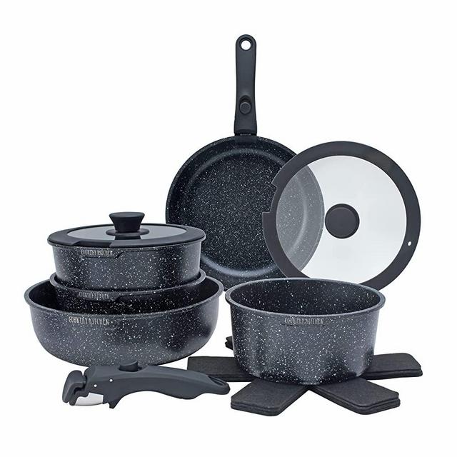 Country Kitchen 13 Piece Pots and Pans Set - Nonstick Cookware Set Detachable Handle, Kitchen Cookware with Removable Handle, RV Cookware Set, Dishwasher/Oven Safe Not Induction Compatible (Black)