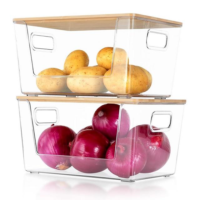 2 Set Pantry Organizer and Storage, Stackable Trash Bag Dispenser Clear Acrylic Kitchen Counter Pantry Baskets for Potato, Onion, Produce, Fruit, Vegetable, Snack, Trash Bag Holder with Bamboo Lid