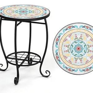 VINGLI Outdoor Side Table for Patio, Small Outdoor Table with Storage Shelf, Heavy Duty Metal Frame Patio Side Table for Outside Balcony Garden Porch (Celadon Flower Realm)