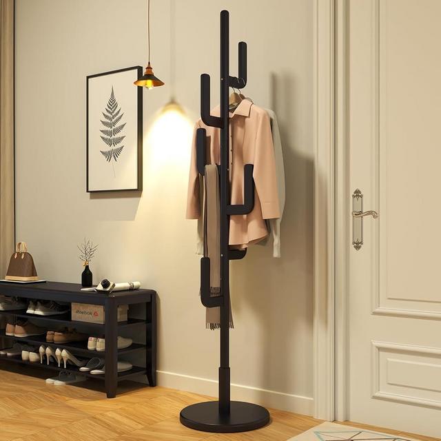 KungFuWood Coat Rack, Unique Design Cactus Coat Rack Freestanding, Adjustable Height Wooden Coat Rack Stand with 6 Hooks, Easy Assembly Coat Tree for Entryway, Bedroom,Coats,Bags(Black)