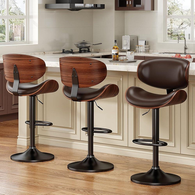YaFiti Bar Stools Set of 3, Bentwood Adjustable Height Swivel Bar Stools, PU Leather Upholstered Bar Chair with Back and Footrest for Bar, Kitchen, Dining Room, Brown