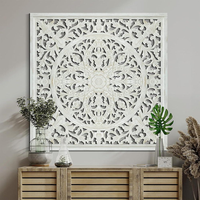 Large Spiritual Mandala Décor [40x40 inch] Wood Wall Hanging Decor | Above Bed Wall Decor | Living Room & Bedroom Décor Asethetic | Zen Farmhouse Wall Art (Ceningan (White-Wash))