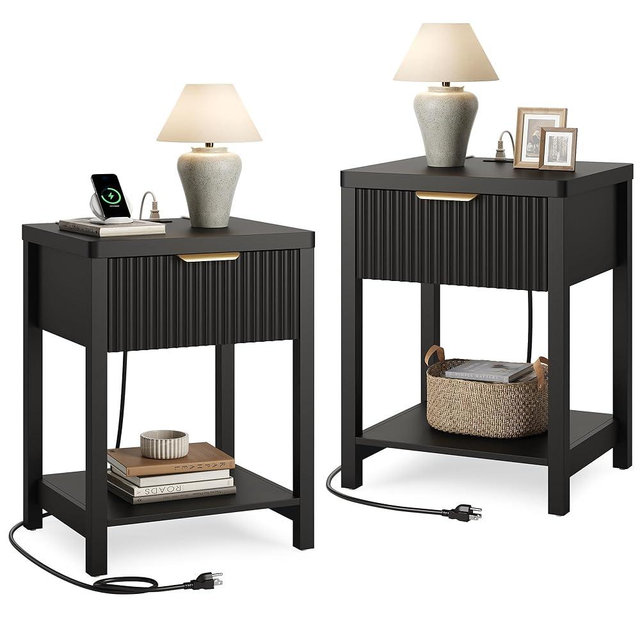 Lulive Night Stand Set 2, Fluted Nightstand with Charging Station, Wood Modern Bedside End Table with Storage Drawer for Bedroom, Save Space (Set of 2, Black)
