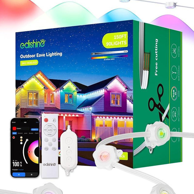 EDISHINE 150FT Cuttable Permanent Outdoor Lights Pro, 90 RGBIC Warm/White LED Eave Lights, 111+ Scene Modes House Lights Outdoor All Year, App/Voice/Remote, IP67 Waterproof for Party & Holiday Decor
