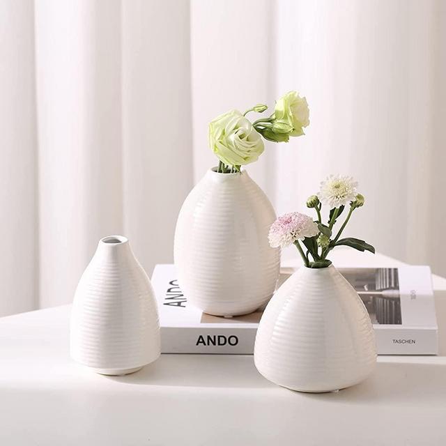 hjn Ceramic Vase Set -Small Vases of 3,White vases for Home Decor Accents, Flower vase for Centerpireces/ Room Decor/Bookshelf/Mantel-White