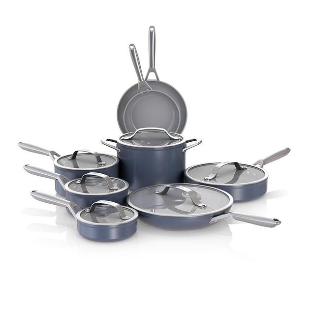 Ninja NeverStick Ceramic Pro 14-Piece Cookware Set, Non-Stick Pots & Pans Set with Glass Lids, Ceramic Coated, Stainless Steel, Stove to Oven Safe, All Stovetops & Induction Compatible, Blue CW39014MM
