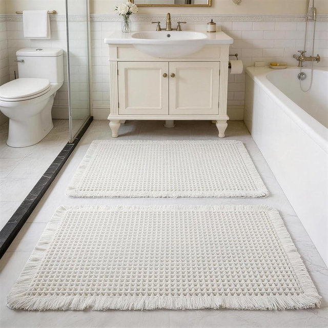 ZVFFDG Set of 2 Waffle Bathroom Rugs, Large Non Slip Absorbent Waffle Knit Bath Mat for Shower Floor, Tub and Bathroom Door, Ultra Soft Quick Dry, Cream White, 17"x24"+18"x30"