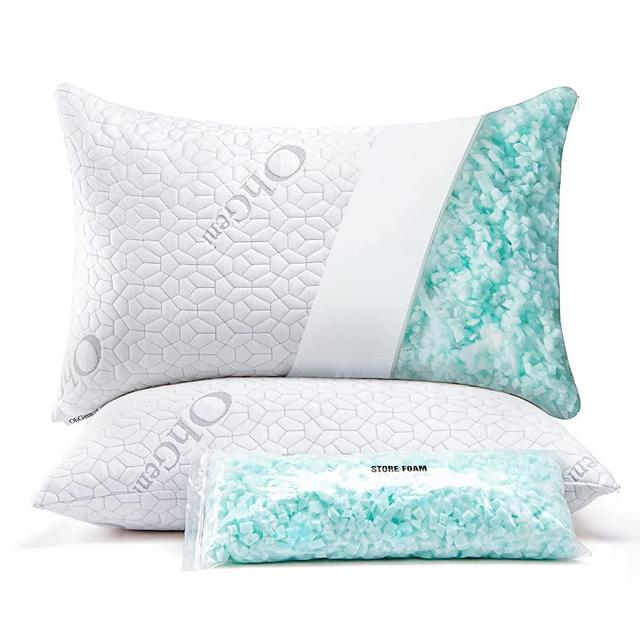 OhGeni Pillows Queen Size Set of 2 with Shredded Memory Foam Gel for Cooling Sleeping for Side ,Stomach and Back Sleepers Support, Orthopedic Adjustable Pillow with Bamboo Case