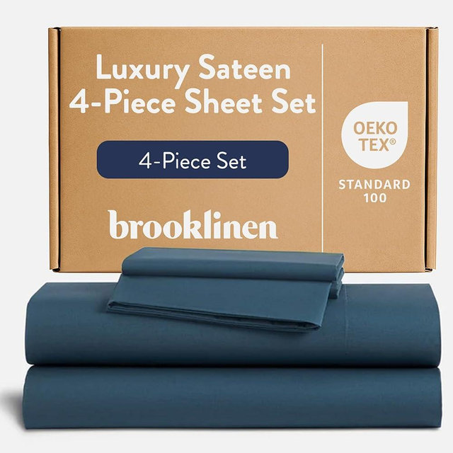 Brooklinen Luxury Sateen 4 Piece Sheet Set - 100% Cotton Bed Sheets, Soft & Durable Full Size Sheets Set in Abyss Blue, Oeko-TEX Certified Bedding Set, 1 Fitted Sheet, 1 Flat Sheet, 2 Pillowcases