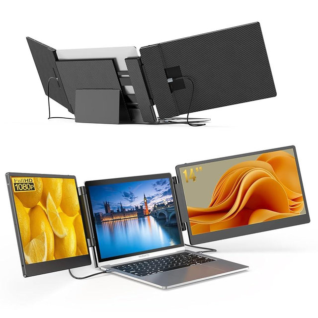 14" Laptop Screen Extender - Upgraded FHD 1080P IPS Triple Portable Monitor: 300% More Efficient, Ultra-Slim Travel Display for 13-17.3" Laptops,with Stand Plug & Play for Windows/Chrome/Mac