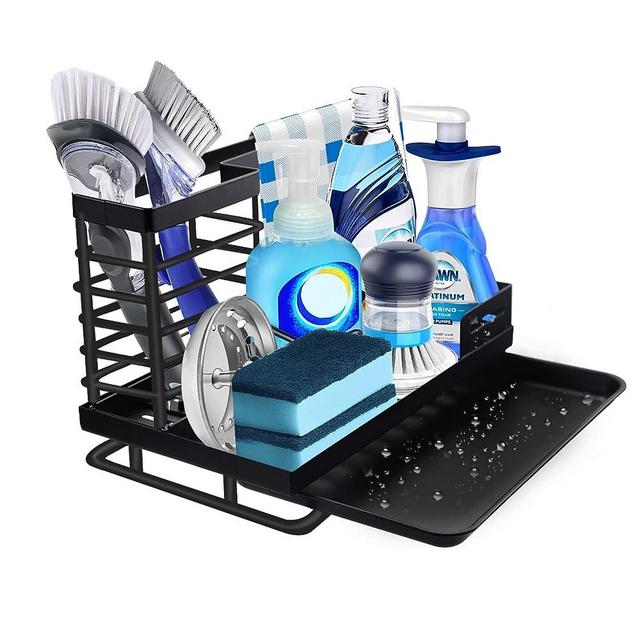 Teemuday Kitchen Sink Organizer for Countertop, Sink Caddy Organizer Drain Rack, Dish Scrubber Drying Rack with Water Tray, Kitchen Storage For Soap, Sponge, Scrubber Brush,Bottle Brush