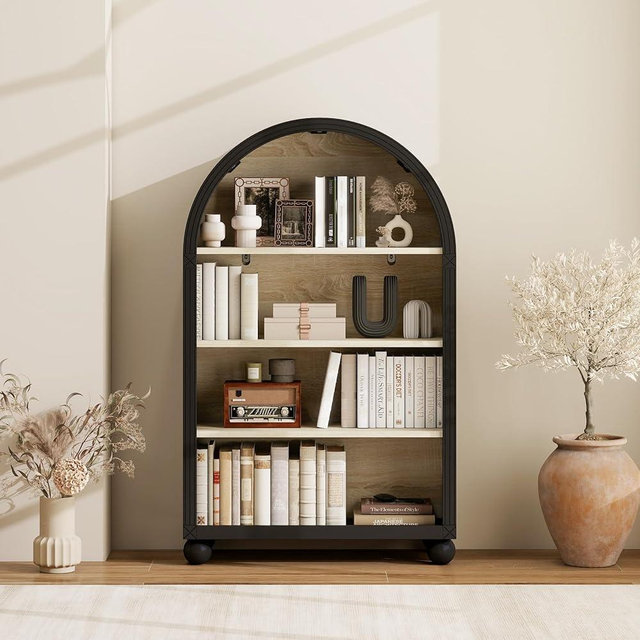 Woenei 46" Black Short Arched Bookcase, Arch Bookshelf with Open Display Shelves, Wood Farmhouse Bookshelf with Storage, Modern Book Shelf for Bedroom,Living Room, Office, Study Room,Bathroom,Kitchen