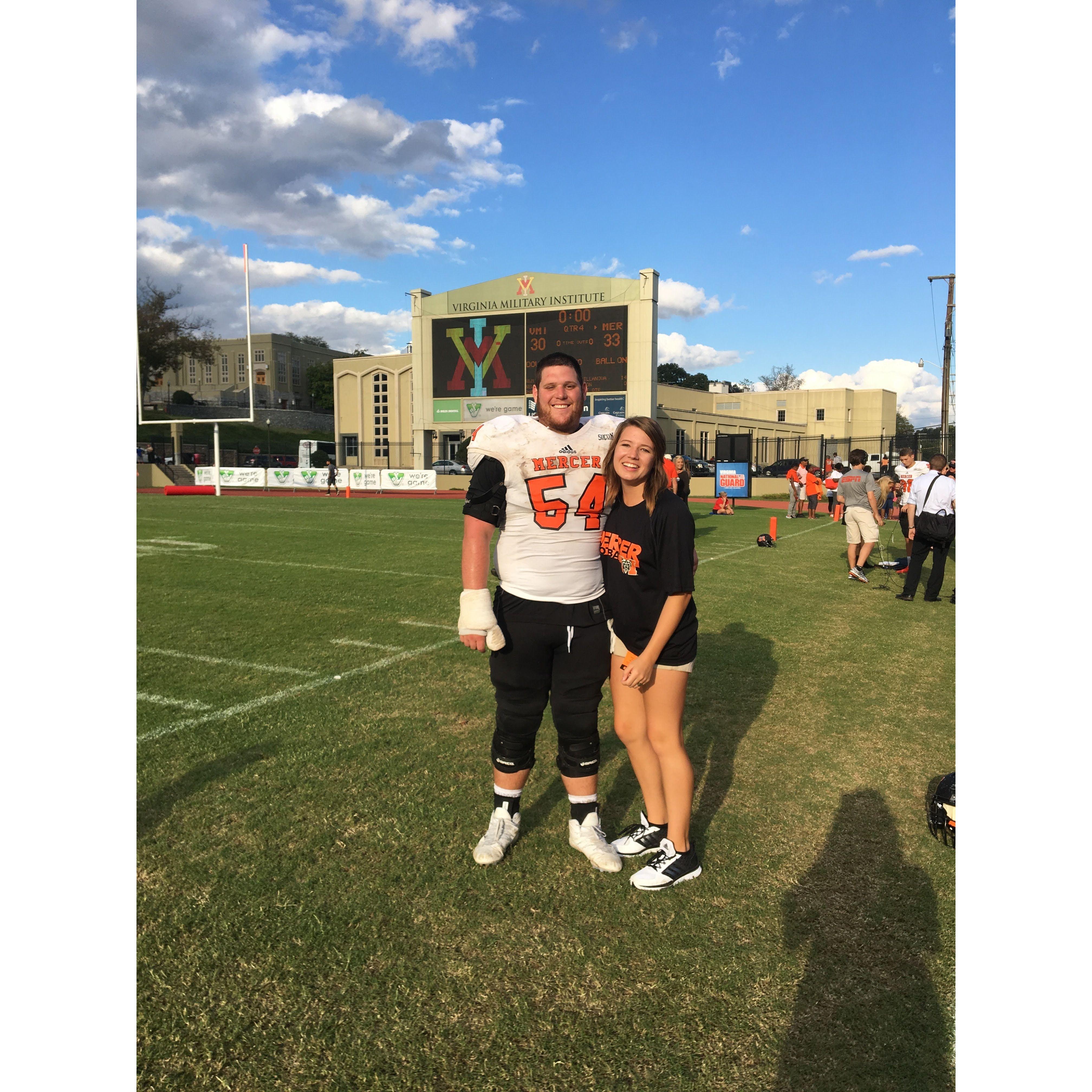 Fall 2016-We spent time together on and off the field, Kirby as the starting center for the Mercer Bears and Greer as an equipment manager.