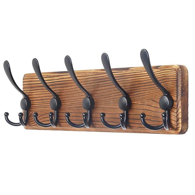 Dseap Coat Rack Wall Mounted - 5 Tri Hooks, Heavy Duty, Wooden Wall Coat Hanger Coat Hook for Clothes Hat Jacket Clothing, Natural & Black