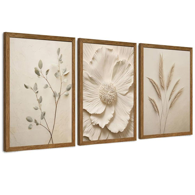 JLTULT 3 Piece Framed Neutral Beige Floral Canvas Wall Art, Modern Simple Texture Blossom Wall Decor, Vintage Botanical Flower Art Prints for Living Room Bedroom Farmhouse 20x30 inch Ready to Hang