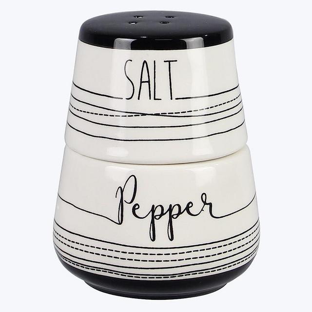 Youngs 20140 Ceramic Black and White Stacking Salt and Pepper Shakers, Set of 2, 13-inch Diameter