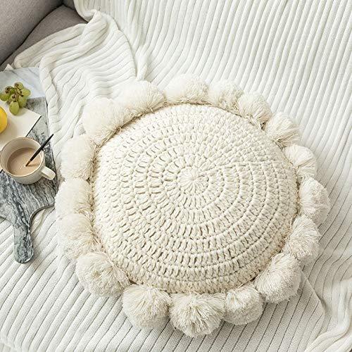 Decorative Pillow Case, Circular Knitted Cushion Cover, with Pillow, Handmade Tassel Pompom, Solid Color, Soft and Cute (Diameter 45 cm, Beige)