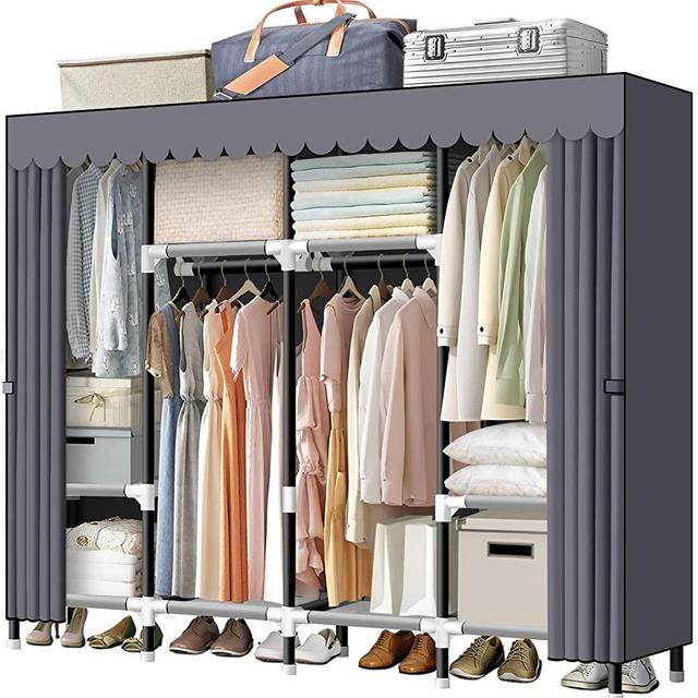 LOKEME Portable Closet, 67 Inch Wardrobe Closet for Hanging Clothes with 4 Hanging Rods, 25mm Steel Tube Clothes Storage Organizer for Extra Sturdy, Quick and Easy to Assembly, Gray Cover