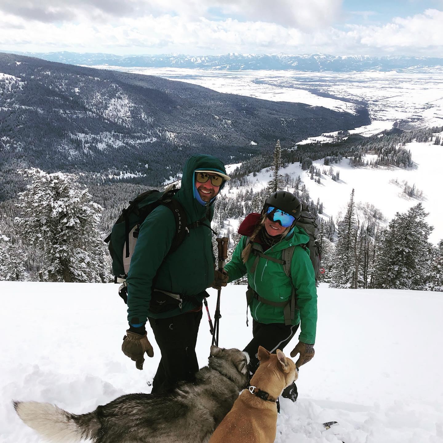 With friends and doggos, skiing Peaked Mountain in 2020.