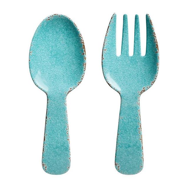 UPware 2-Piece 10.75 Inch Melamine Salad Server Serving Utensil Set Includes Salad Spoon and Salad Fork (Crackle, Turquoise)