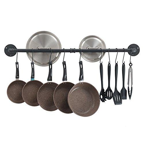 Oropy 39 inch Pot Bar Rack Wall Mounted Detachable Pans Hanging Rail Kitchen Lids Utensils Hanger with 14 S Hooks Black