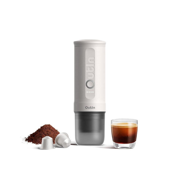 OutIn Nano Portable Electric Espresso Machine, Travel Coffee Maker for Camping, Car Coffee Maker Self-Heating with USB-C, With Ground Coffee & NS Capsule for RV, Hiking, Office