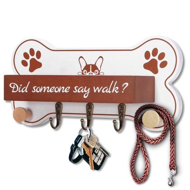 LAOKETON Dog Leash Hangers for Wall - Bone Shape Dog Themed Key Holder and Dog Stuff Storage Organizer, Cute Housewarming Gifts for Dog Owner & Lovers, 11.8'' x 5.9'' x 3.7'' (White Brown)
