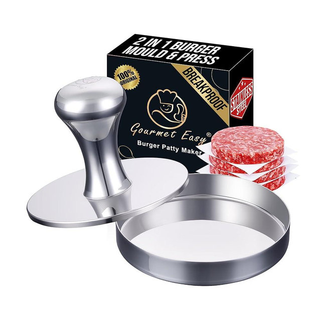 2-in-1 Smash Burger Press & Patty Maker, Heavy Duty Premium Stainless Steel Hamburger Helper, Easy-Clean Design, Hamburger Press with Patty Liner, Mirror Polished Burger Mold, Dishwasher Safe