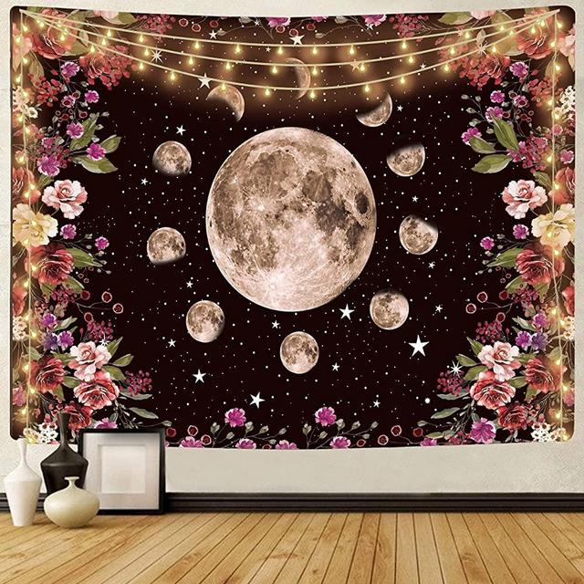 ENJOHOS Tapestry for Bedroom Moon Phase Tapestry Moonlit Garden Tapestry Black Tapestry Wall Hanging Flower Weed Tapestry for Living Room Dorm Decor (79x59 inches,Moonlit Garden)