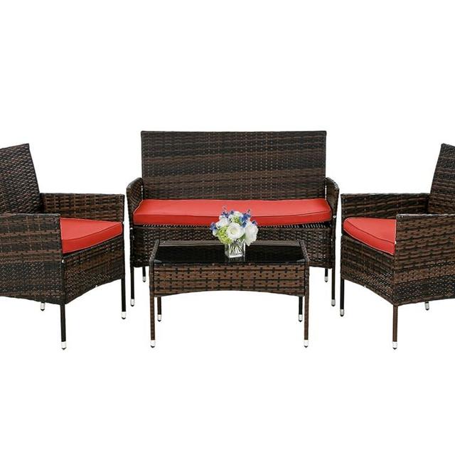 PayLessHere Outdoor Furniture Set 4 Pcs Modular Patio Furniture Set Water Resistant Conversation Set with 3 Rattan Chairs 1 Tempered Glass Topped Table for Patio Poolside, Brown Wicker/Red Cushions