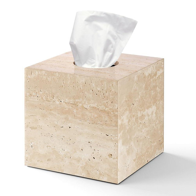 N NANSHOP Natural Travertine Marble Tissue Box Holder Cover, Square Cube Tissue Box Holder with Open Bottom for Bathroom Vanity Tops, Bedroom Dressers, Kitchen Countertop, Travertine Beige(NS022)